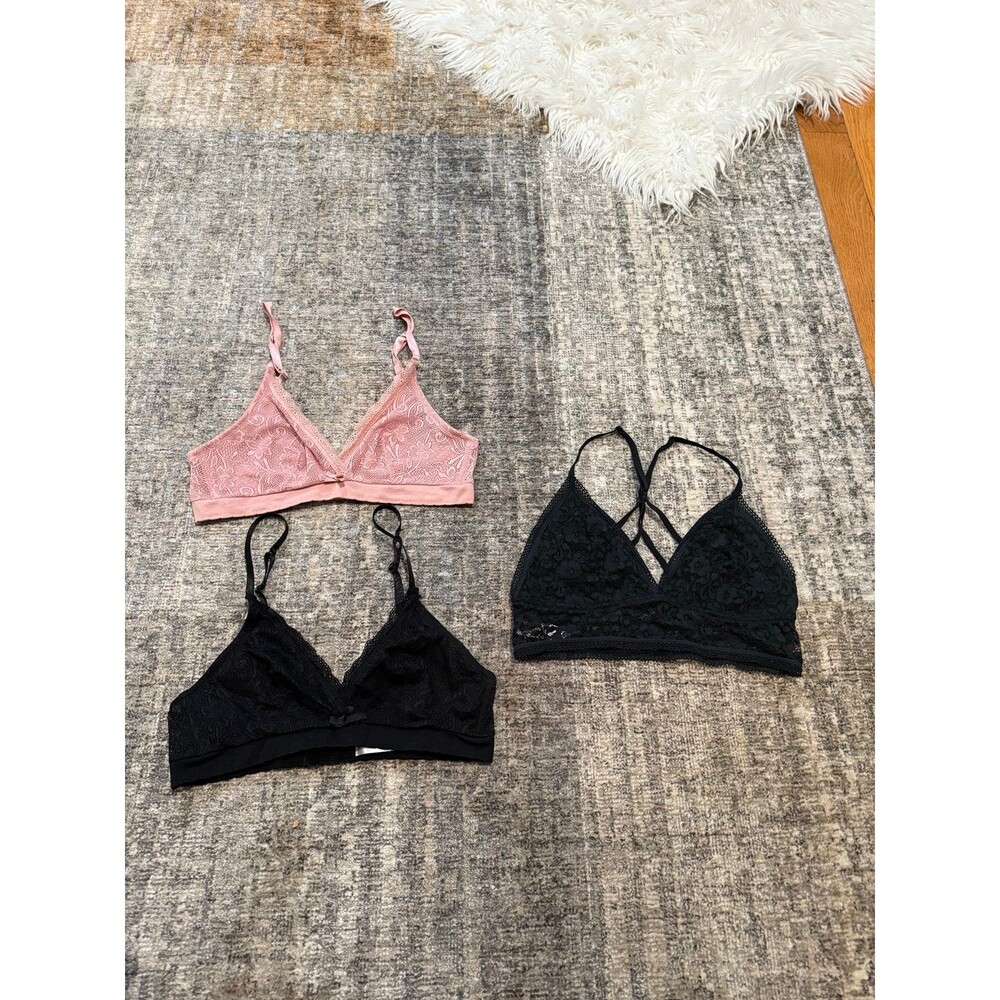 3 Pk Bralette Lace Bras Pink and Black Medium